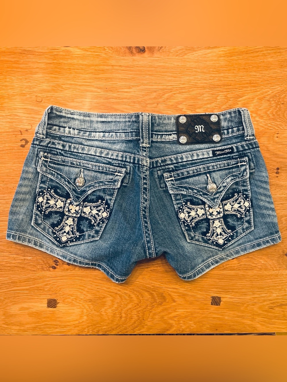 Miss Me Denim Jean Shorts Size 28 with Rhinestone-studded Cross Embroidery